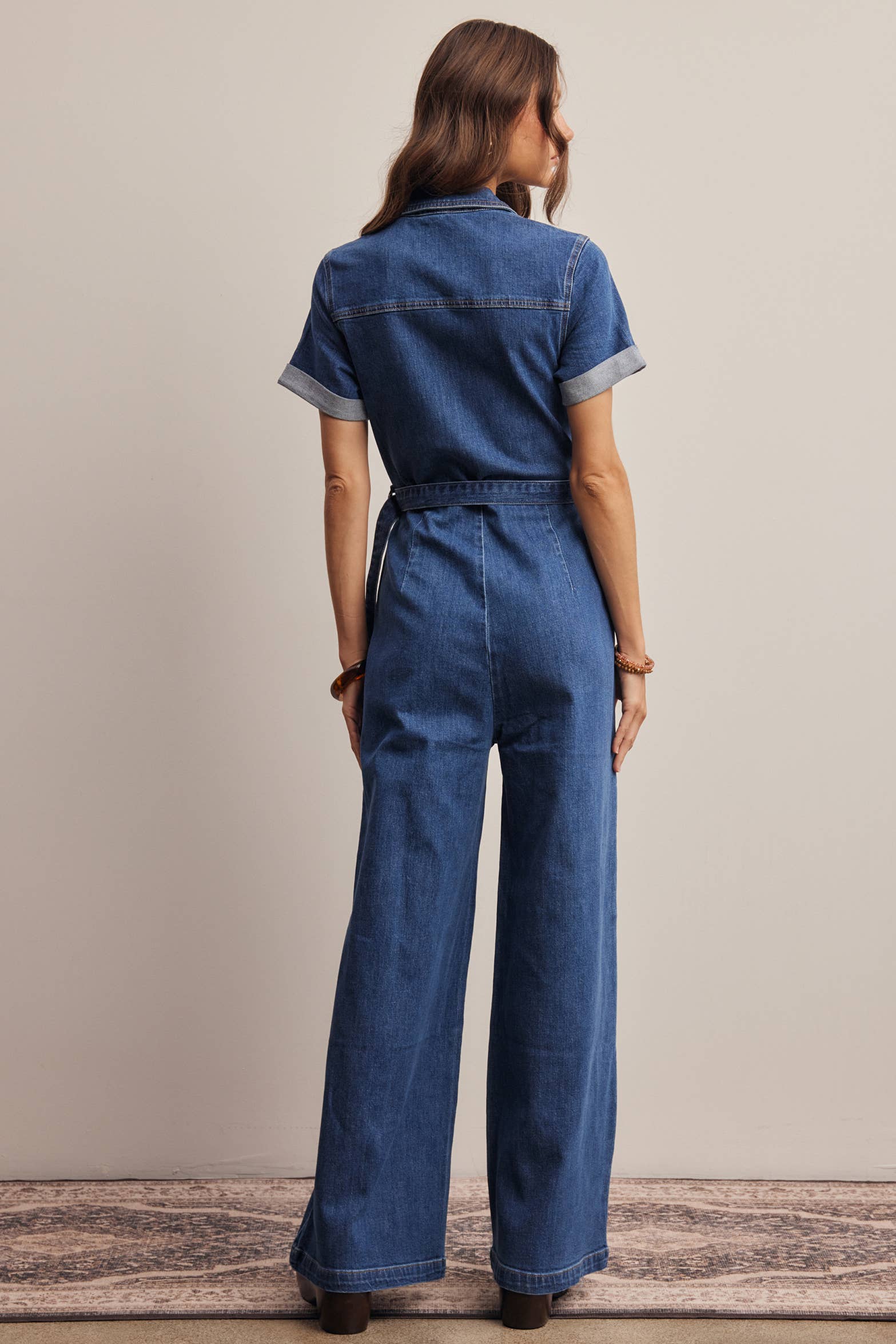 Belted Stretch Denim Wide-Leg Jumpsuit