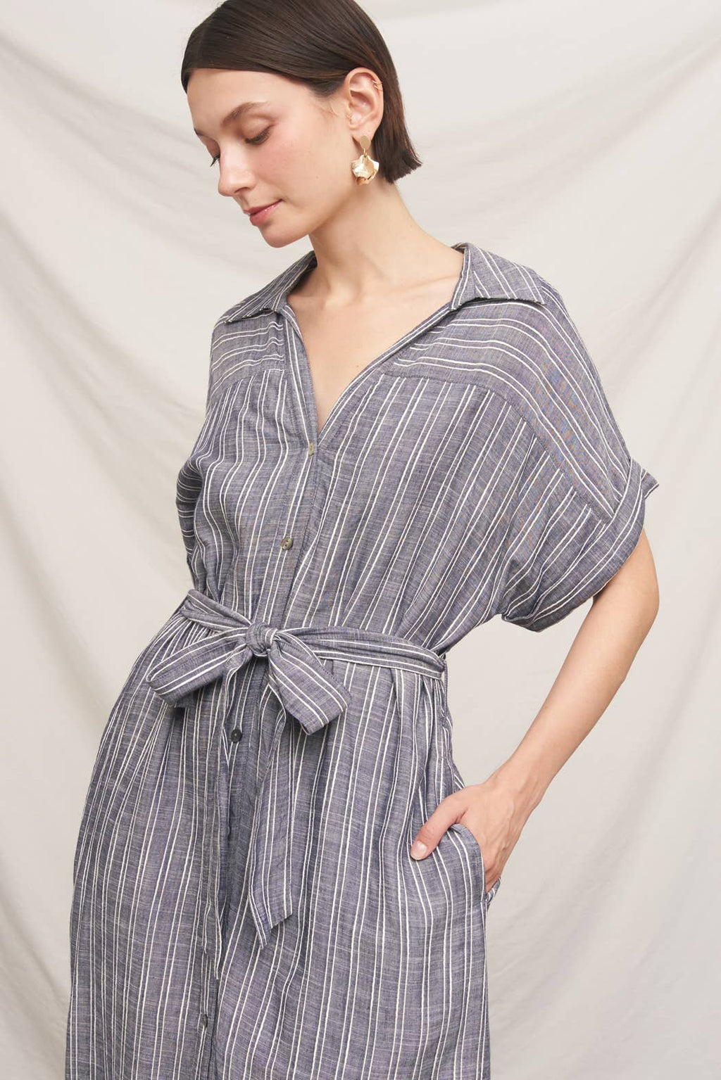 Short Sleeve Striped Button Down Shirt Dress