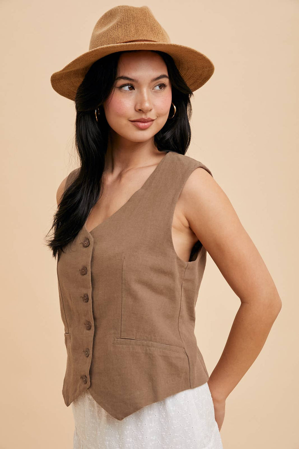 Cotton Linen Blend Vest - Mocha