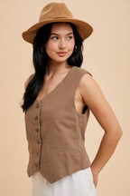 Cotton Linen Blend Vest - Mocha