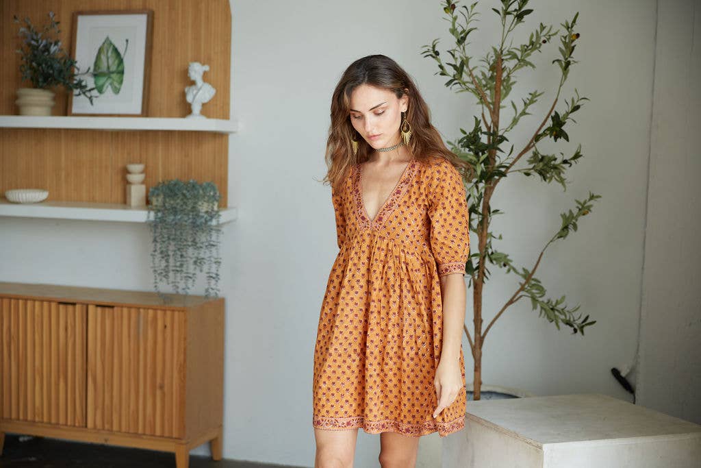 Block Printed Cotton Mini-Dress (Maile Dress- Cayenne)
