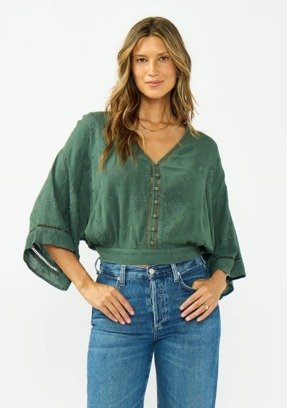 V-Neck Button-Down Blouson Top