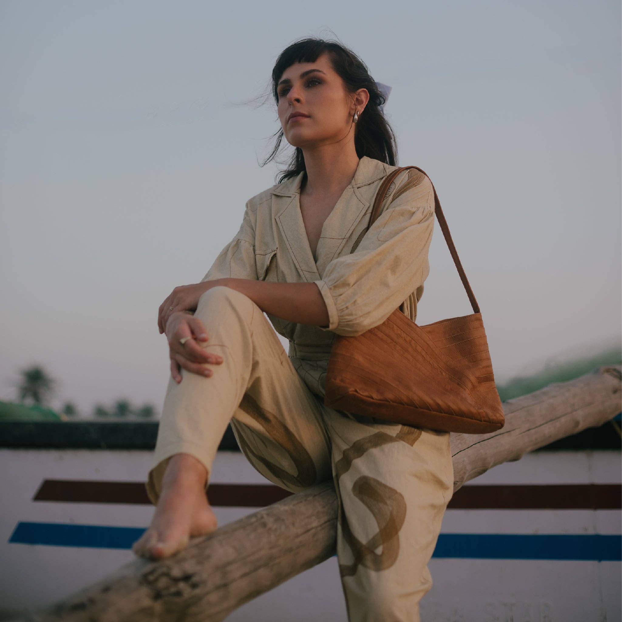 Pebbled Leather Crisscross Handbag - Camel