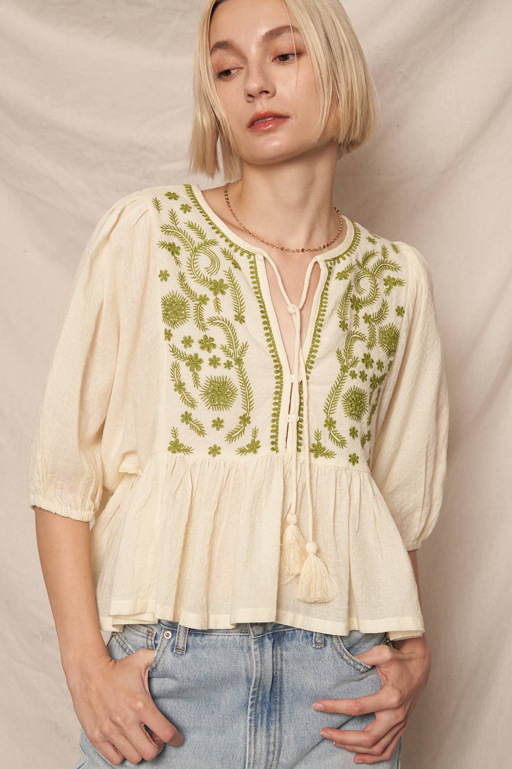 Puff Sleeve Peplum Top with Embroidery Detail