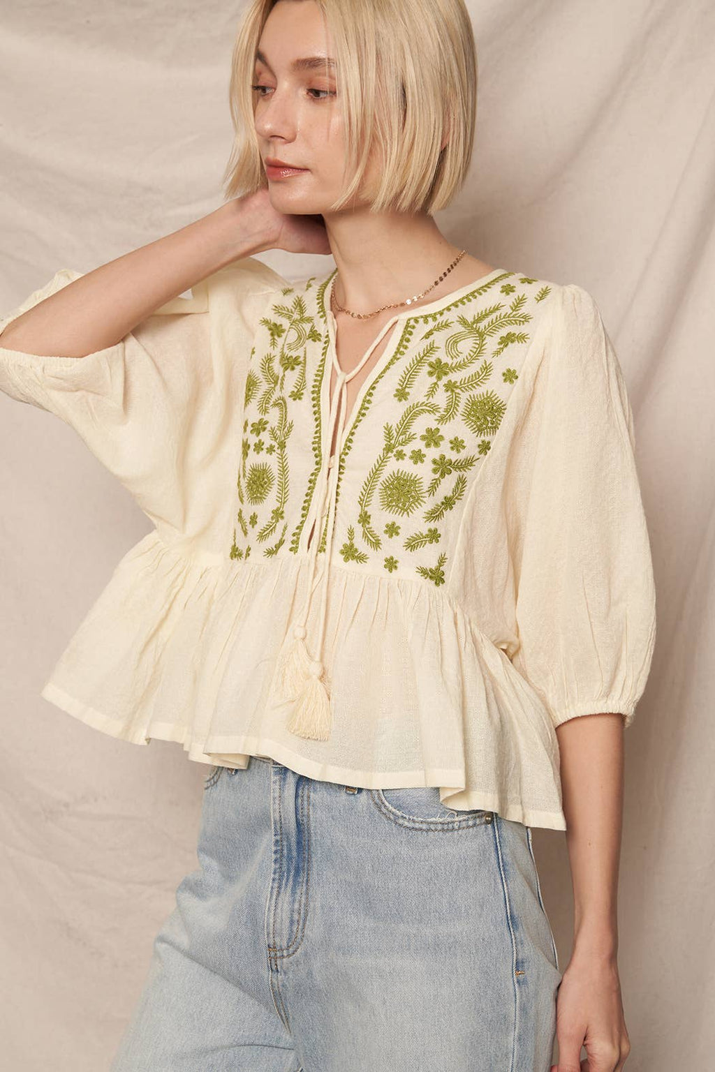 Puff Sleeve Peplum Top with Embroidery Detail