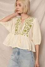 Puff Sleeve Peplum Top with Embroidery Detail
