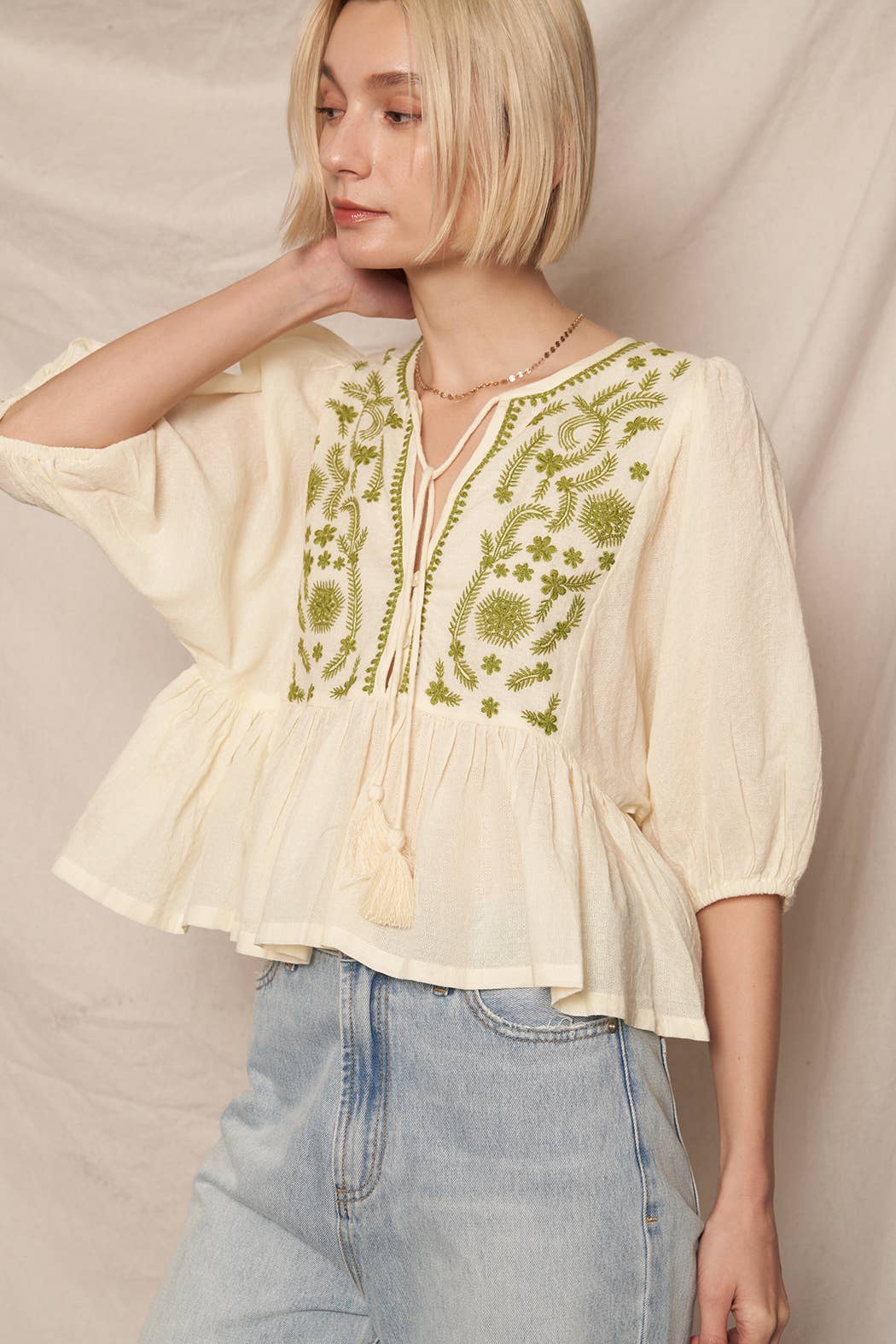 Puff Sleeve Peplum Top with Embroidery Detail