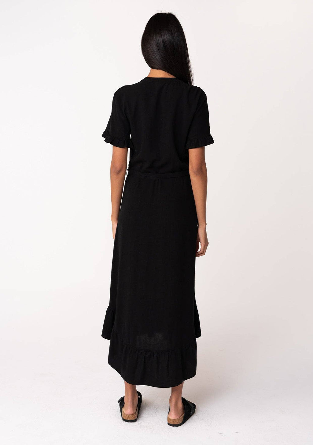 Linen Blend Button Front Ruffled Shirt Dress