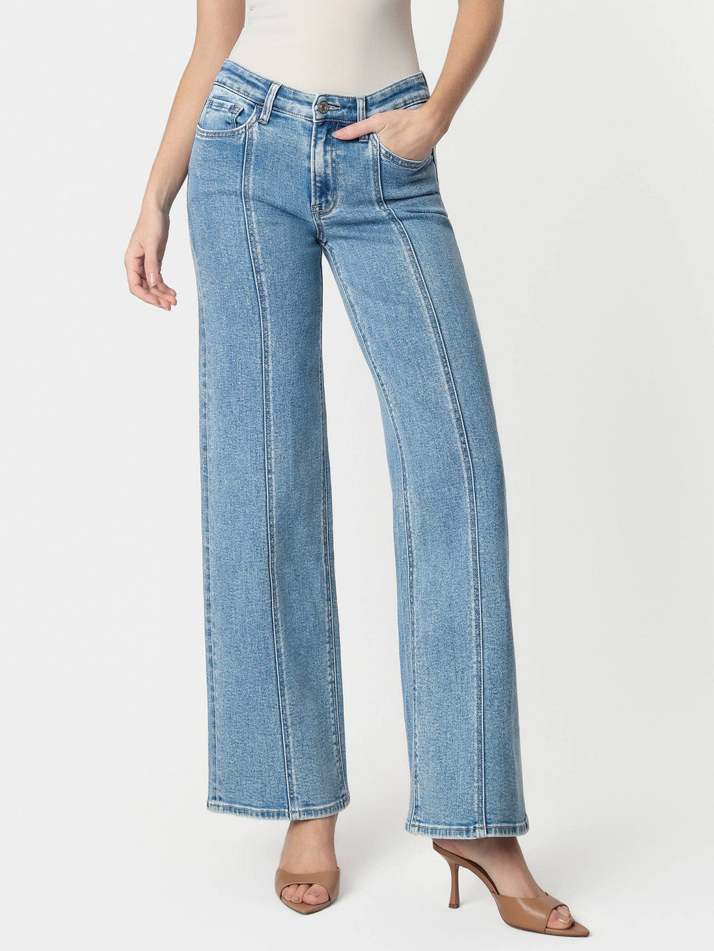 High Rise Medium Wash Seamed Panel Wide Leg Jeans
