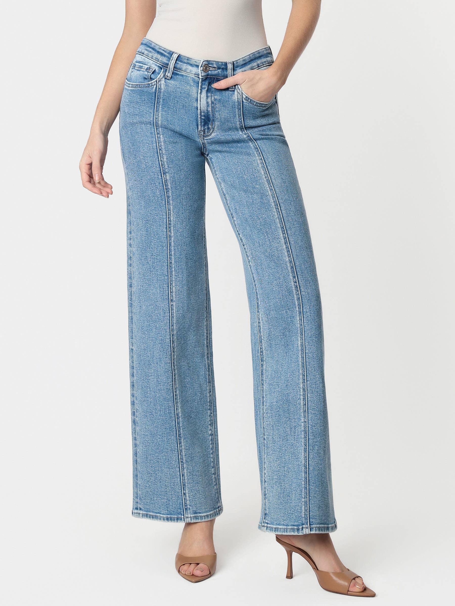 High Rise Medium Wash Seamed Panel Wide Leg Jeans