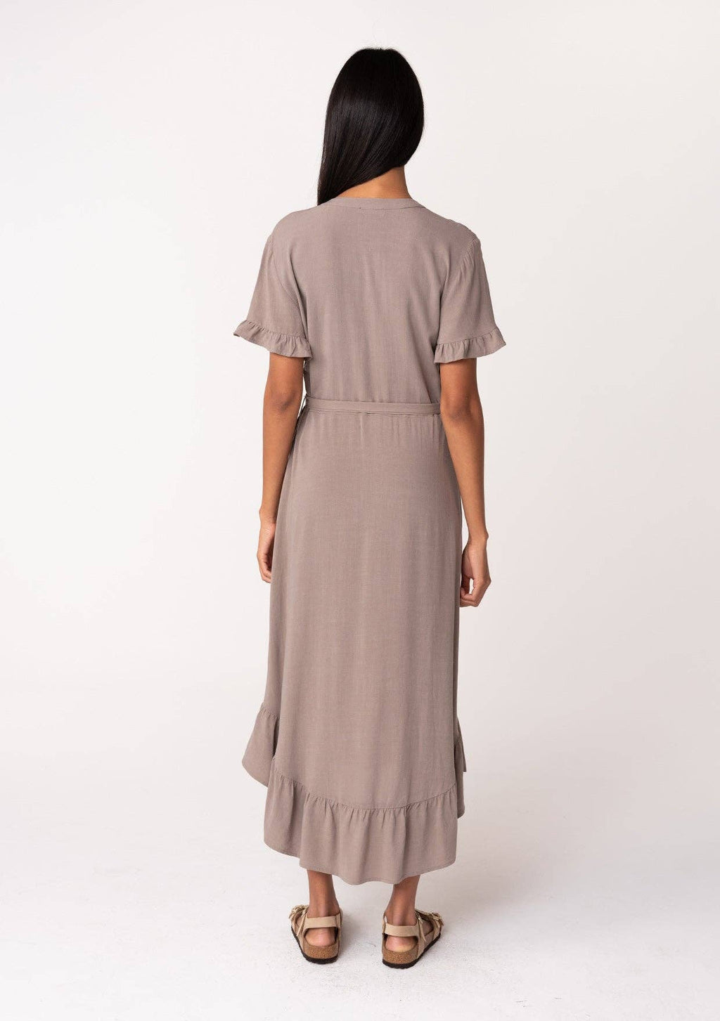 Linen Blend Button Front Ruffled Shirt Dress