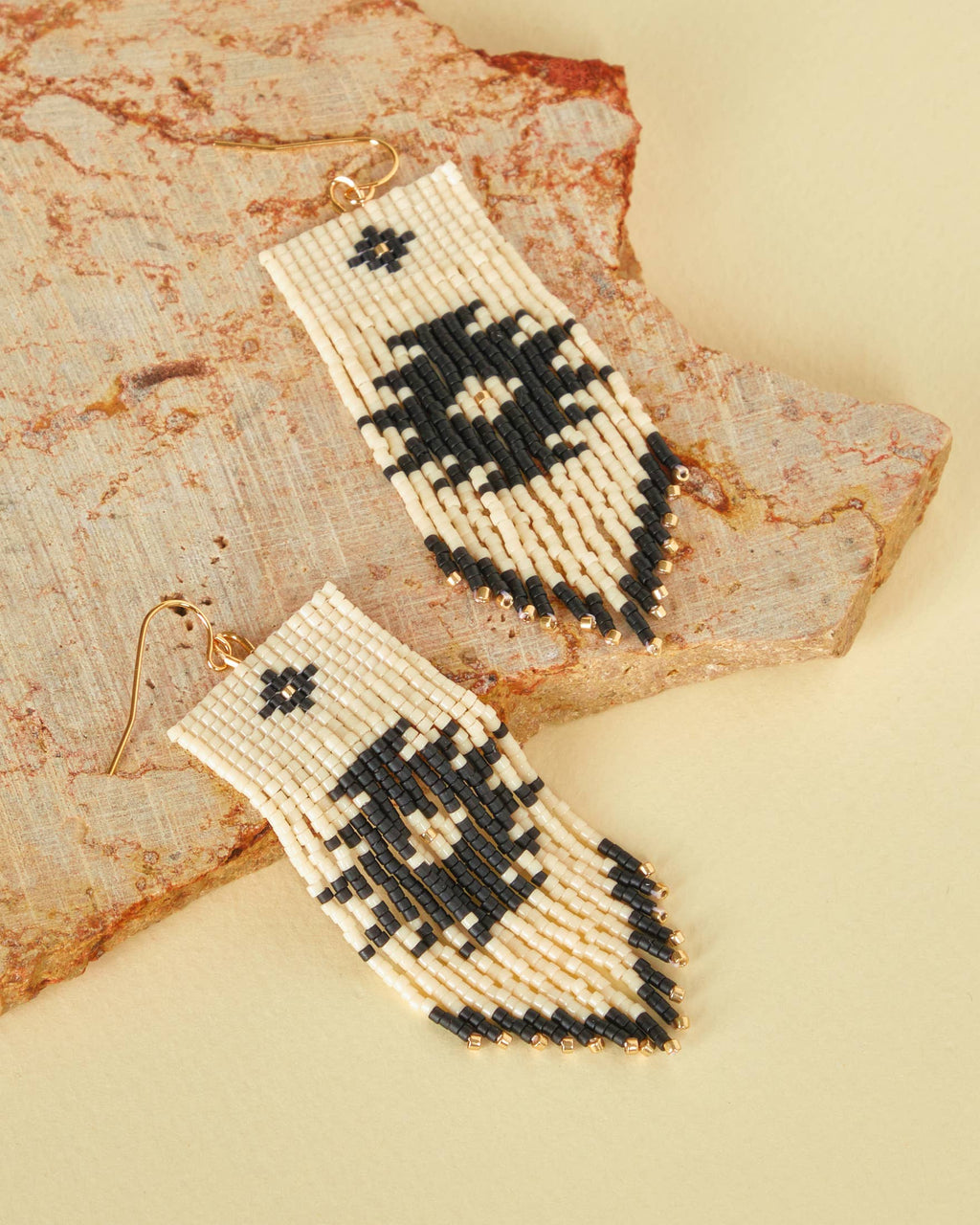 Beaded Handwoven Tribal Fringe Earrings (Cream/Black)