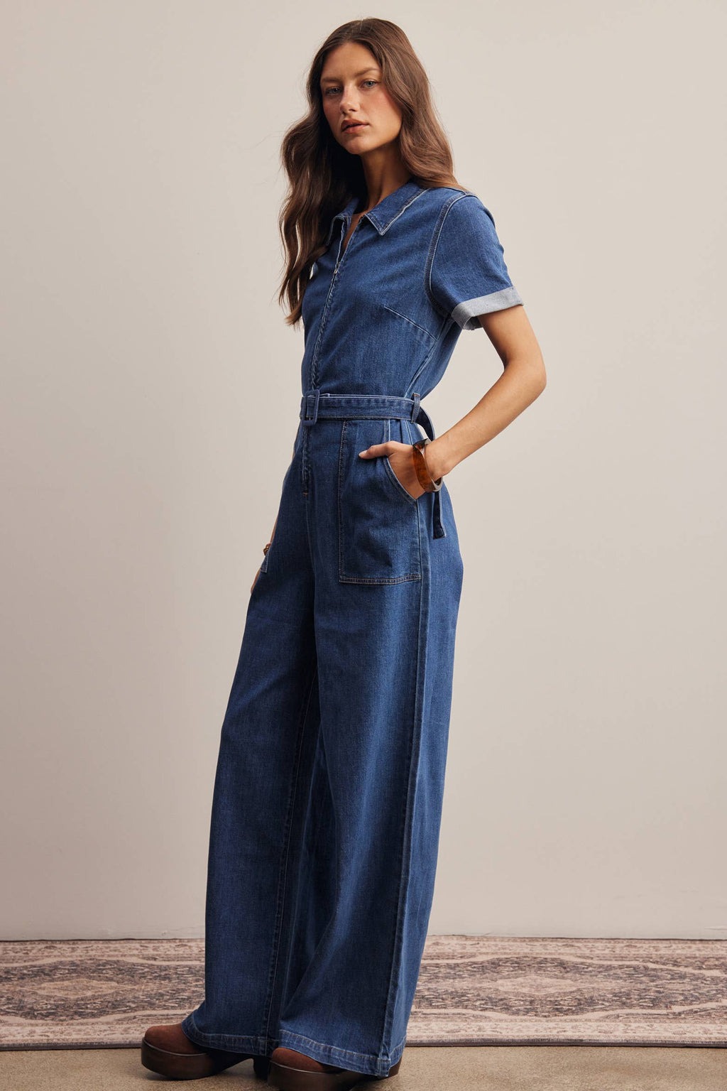 Belted Stretch Denim Wide-Leg Jumpsuit