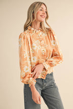 Floral Print Ruffled Button Down Top