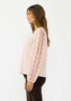 Long Sleeve Split Neck Blouse with Floral Embroidery