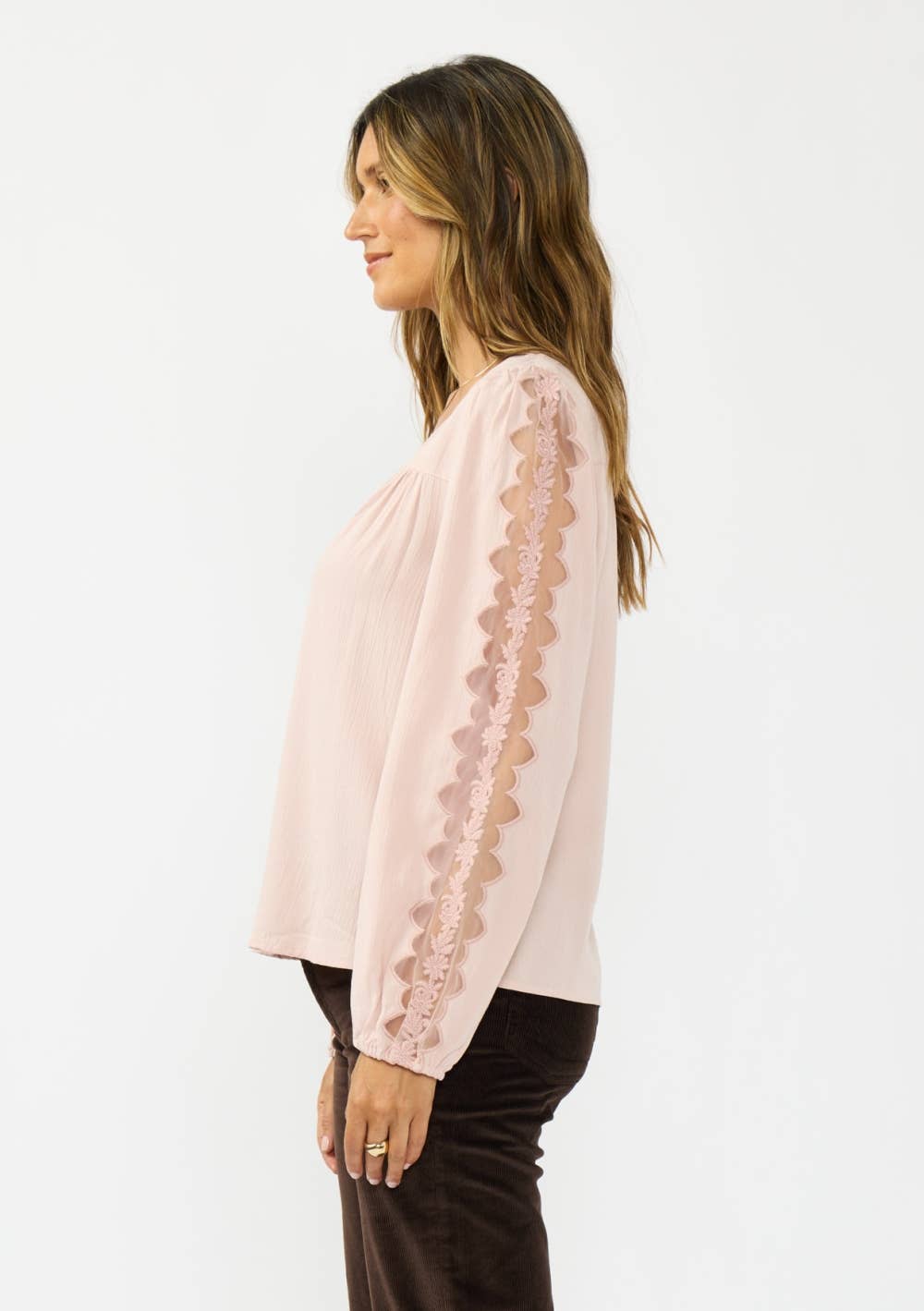Long Sleeve Split Neck Blouse with Floral Embroidery