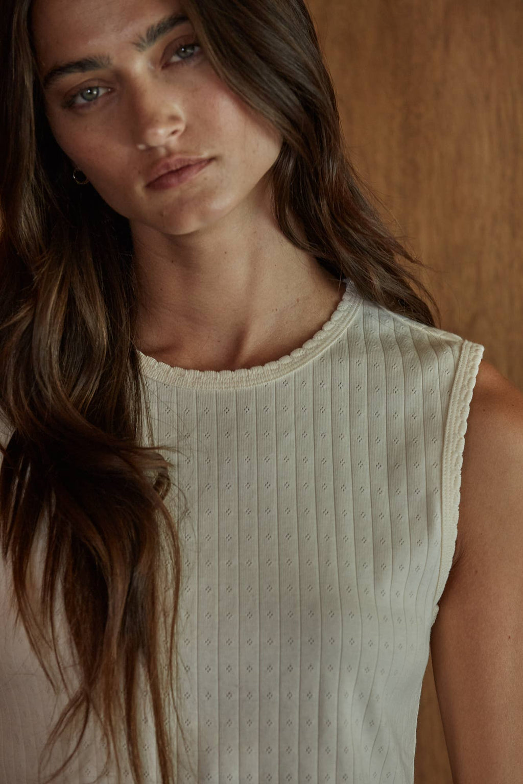 Knit Cotton Pointelle Round Neck Sleeveless Tank