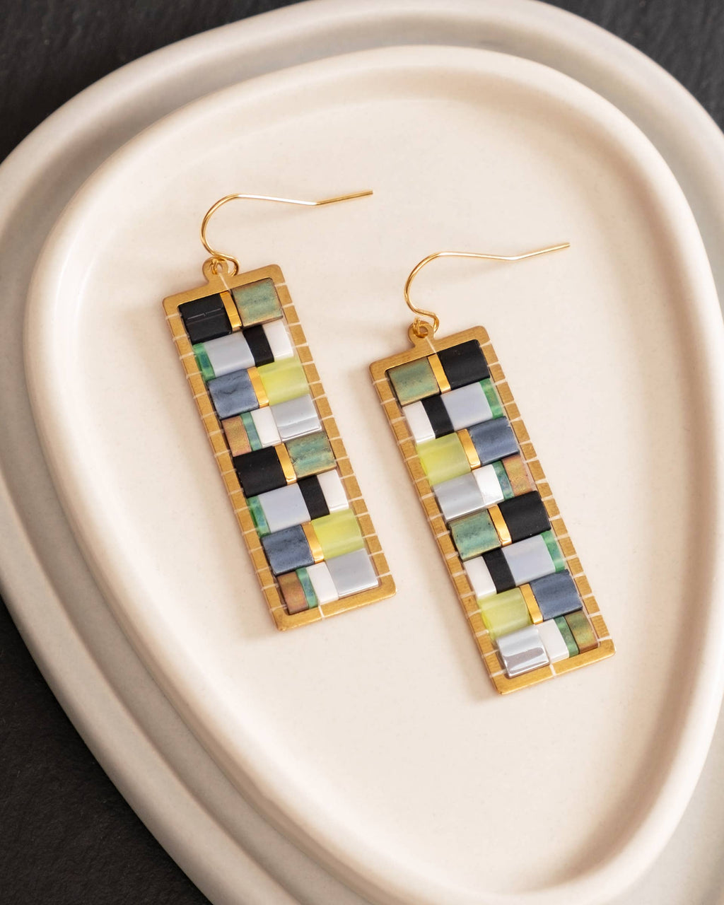 Beaded Handwoven Mosaic Tila and Brass Earrings (Green/Grey)