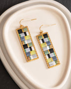 Beaded Handwoven Mosaic Tila and Brass Earrings (Green/Grey)