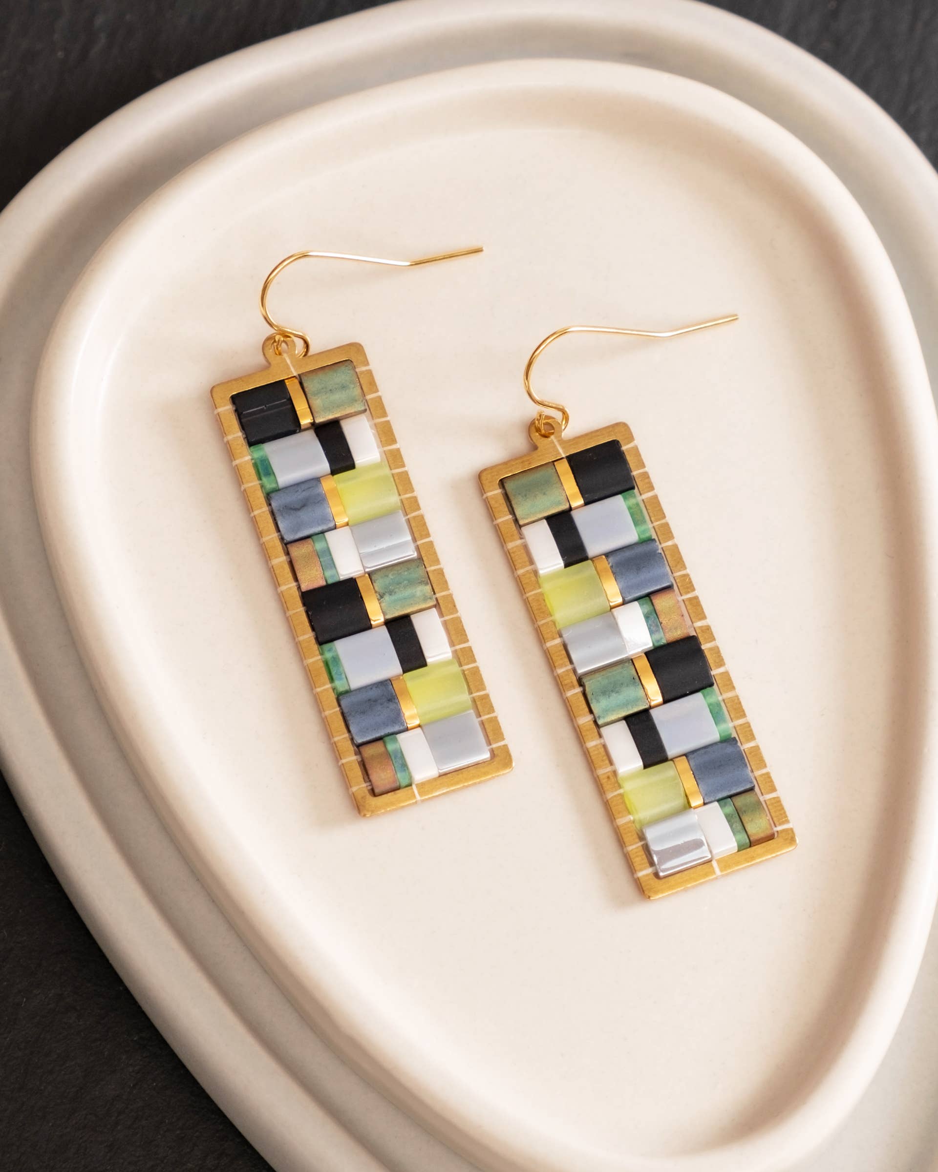Beaded Handwoven Mosaic Tila and Brass Earrings (Green/Grey)