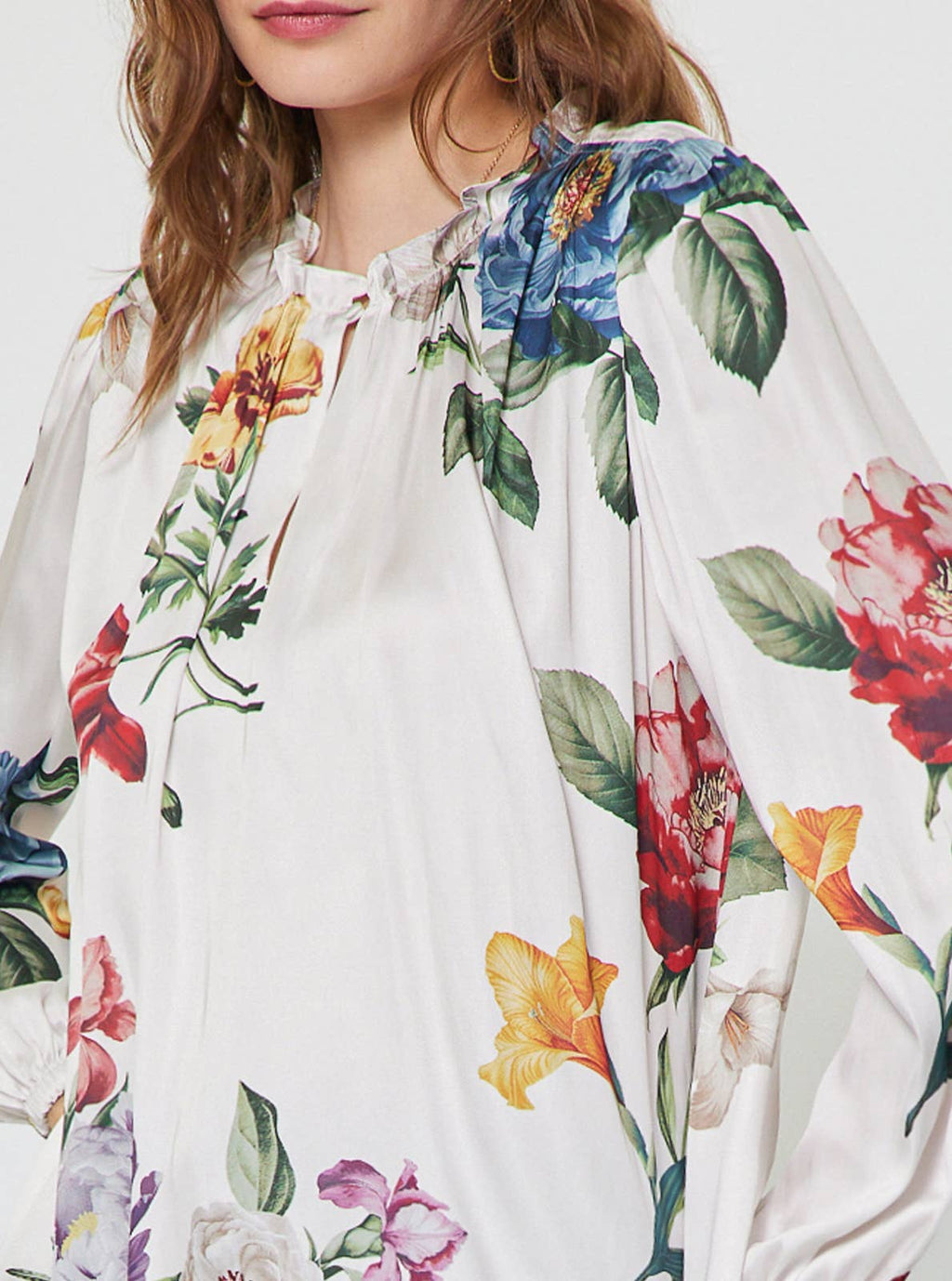 Floral Printed Ruffled Neck Long Sleeve Blouse