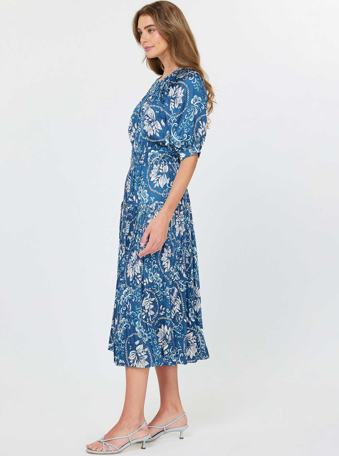Floral Midi Dress W/ Pleat Detail Skirt