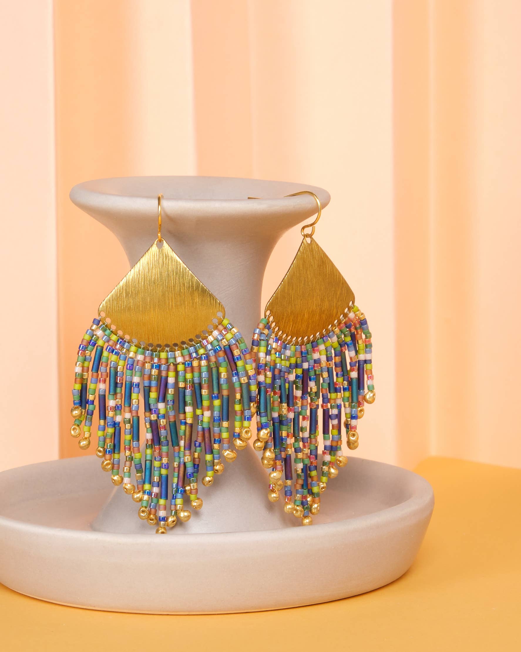 Beaded Handwoven Confetti Fringe Earrings (Blue/Green)