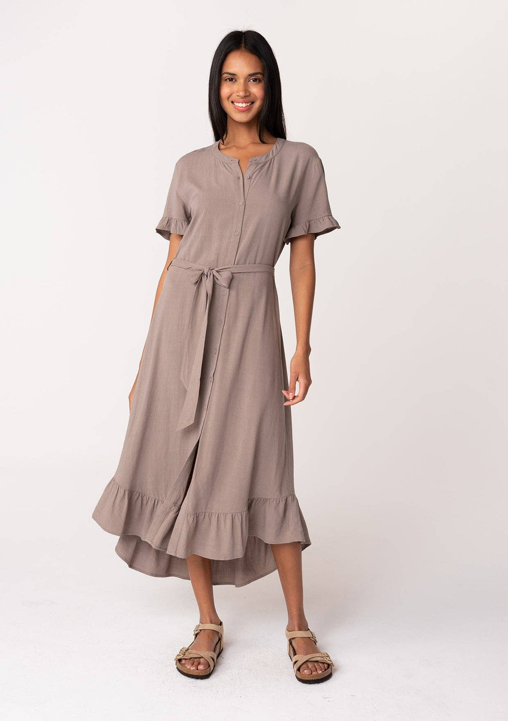 Linen Blend Button Front Ruffled Shirt Dress