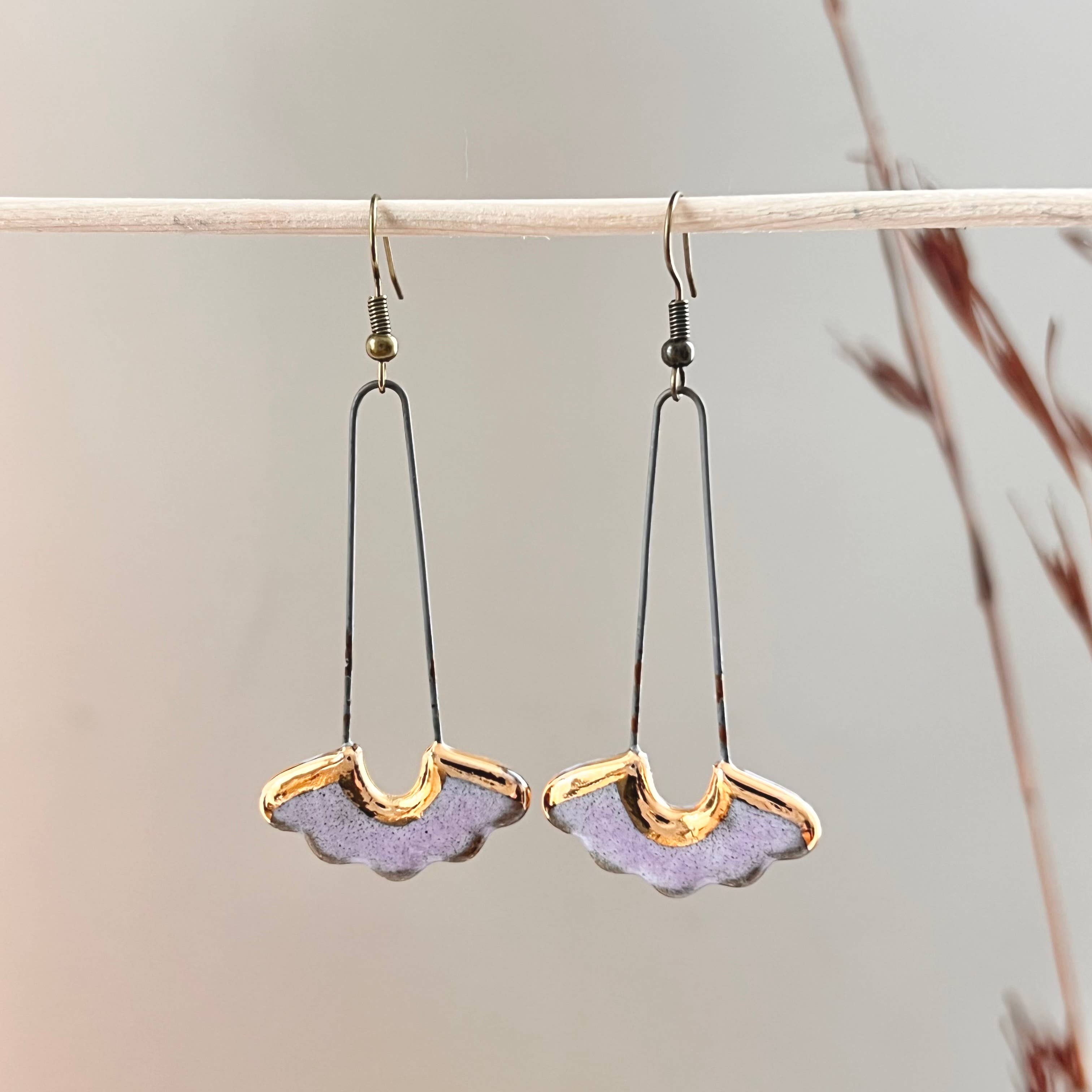 Glossy Lavender Drop Floral Ceramic Earrings with Gold