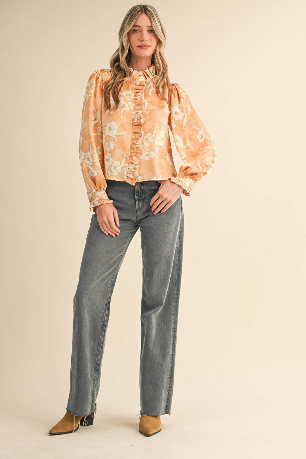 Floral Print Ruffled Button Down Top