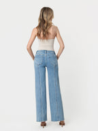 High Rise Medium Wash Seamed Panel Wide Leg Jeans