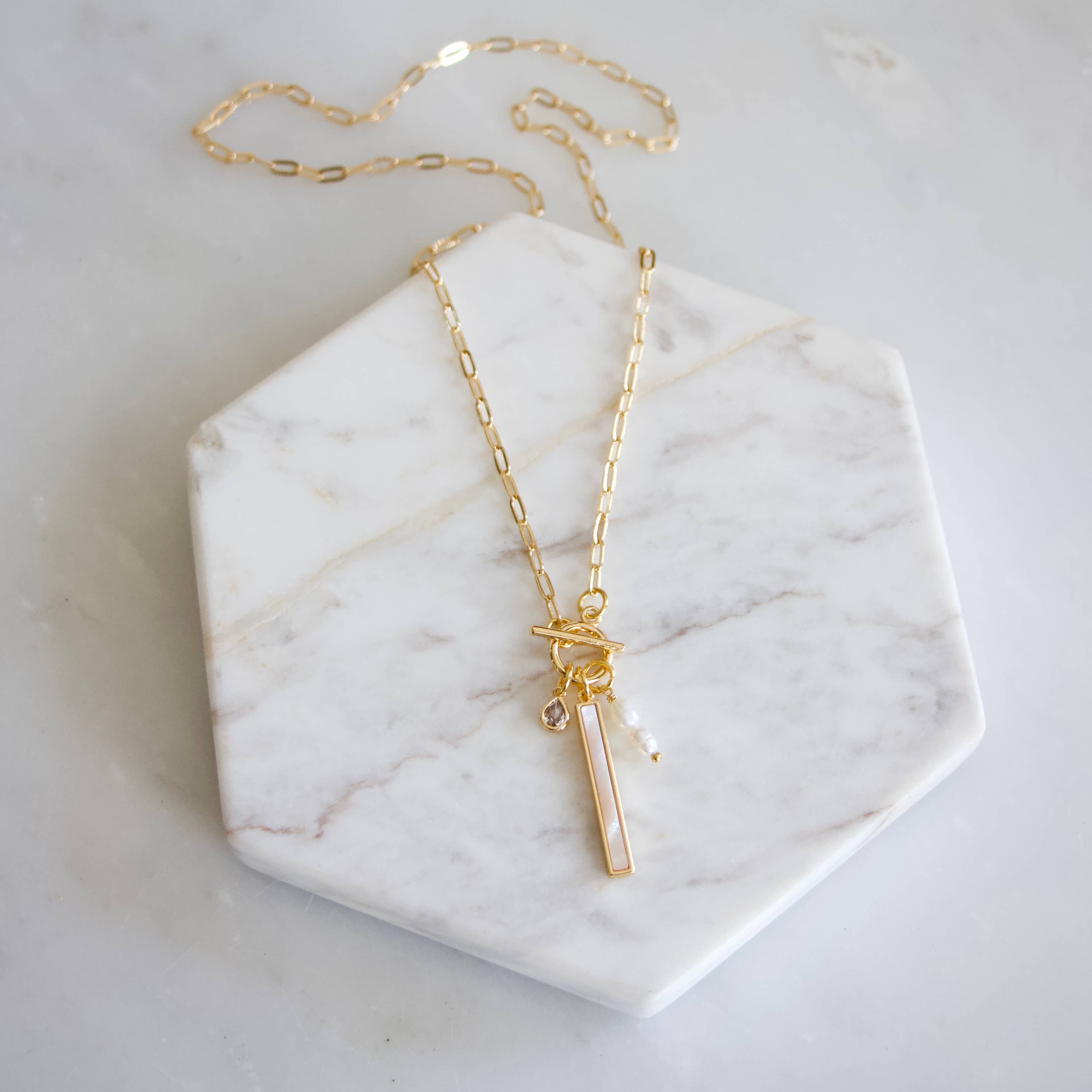CZ, Mother of Pearl, Freshwater Pearl,Charm Toggle Necklace 