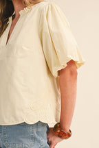 Bubble Sleeve Top With Side Embroidery