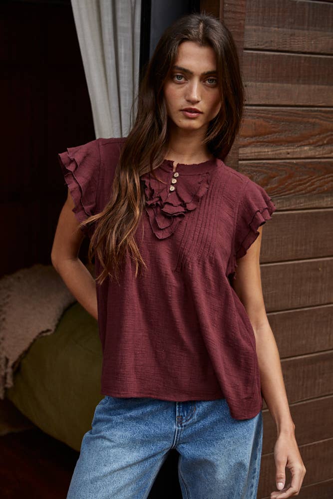 Woven Button V-Neck Short Sleeve Top