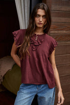 Woven Button V-Neck Short Sleeve Top