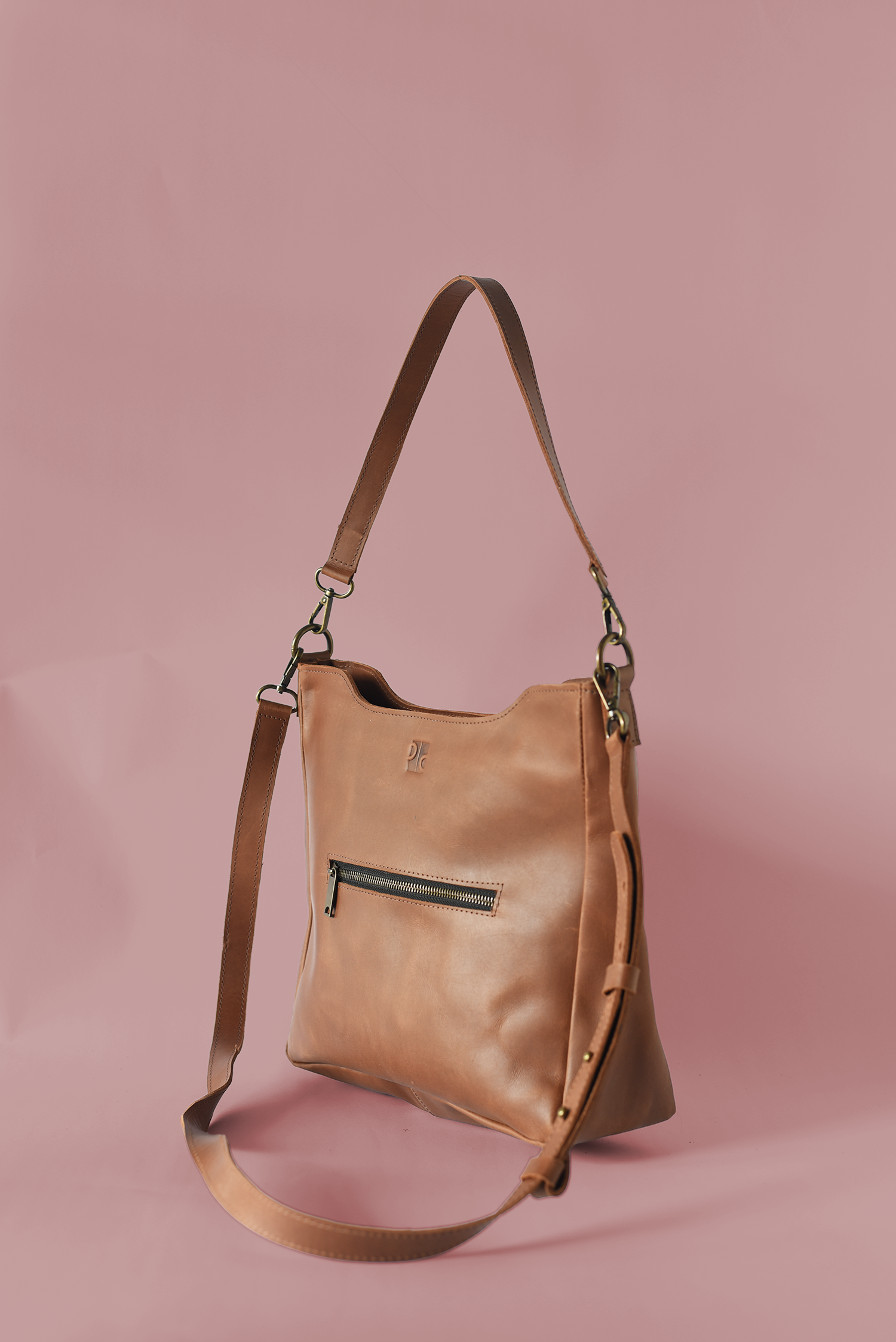 Midsized Brown Leather Crossbody + Shoulder Bag