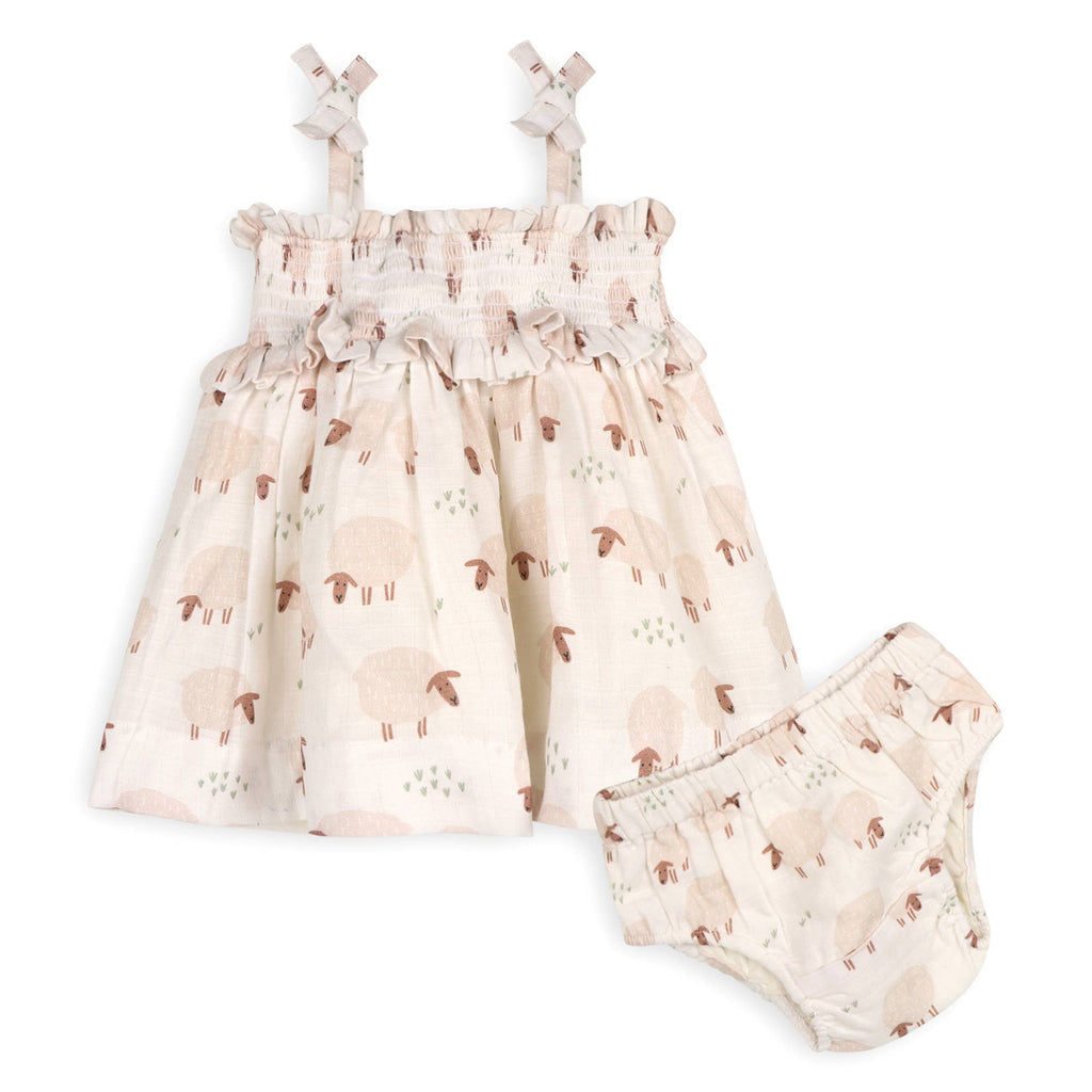 Sheep Baby Smocked Strap Dress+Bloomer Set (Organic Muslin)