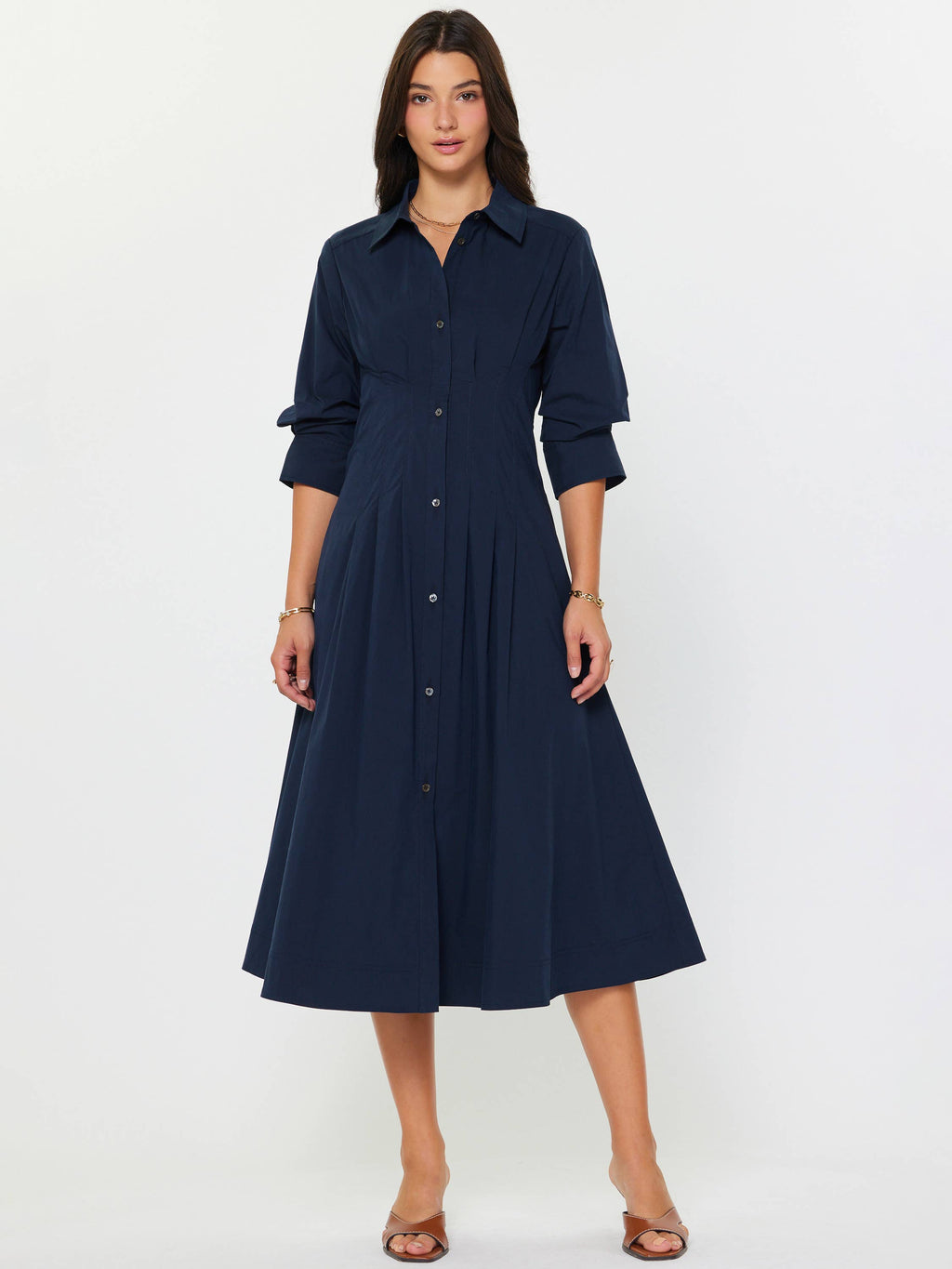 Navy Button Down A-Line Midi Dress