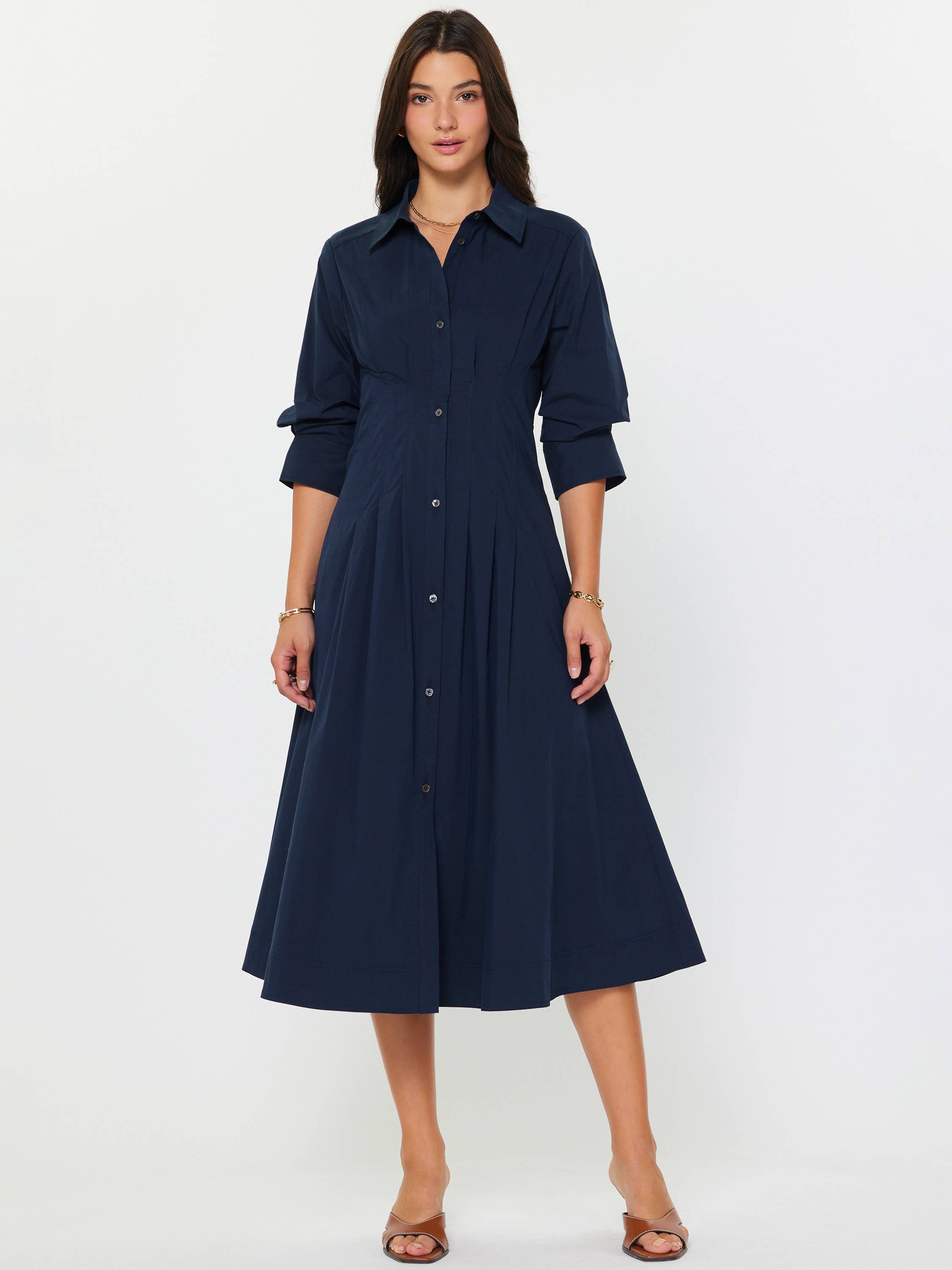 Navy Button Down A-Line Midi Dress