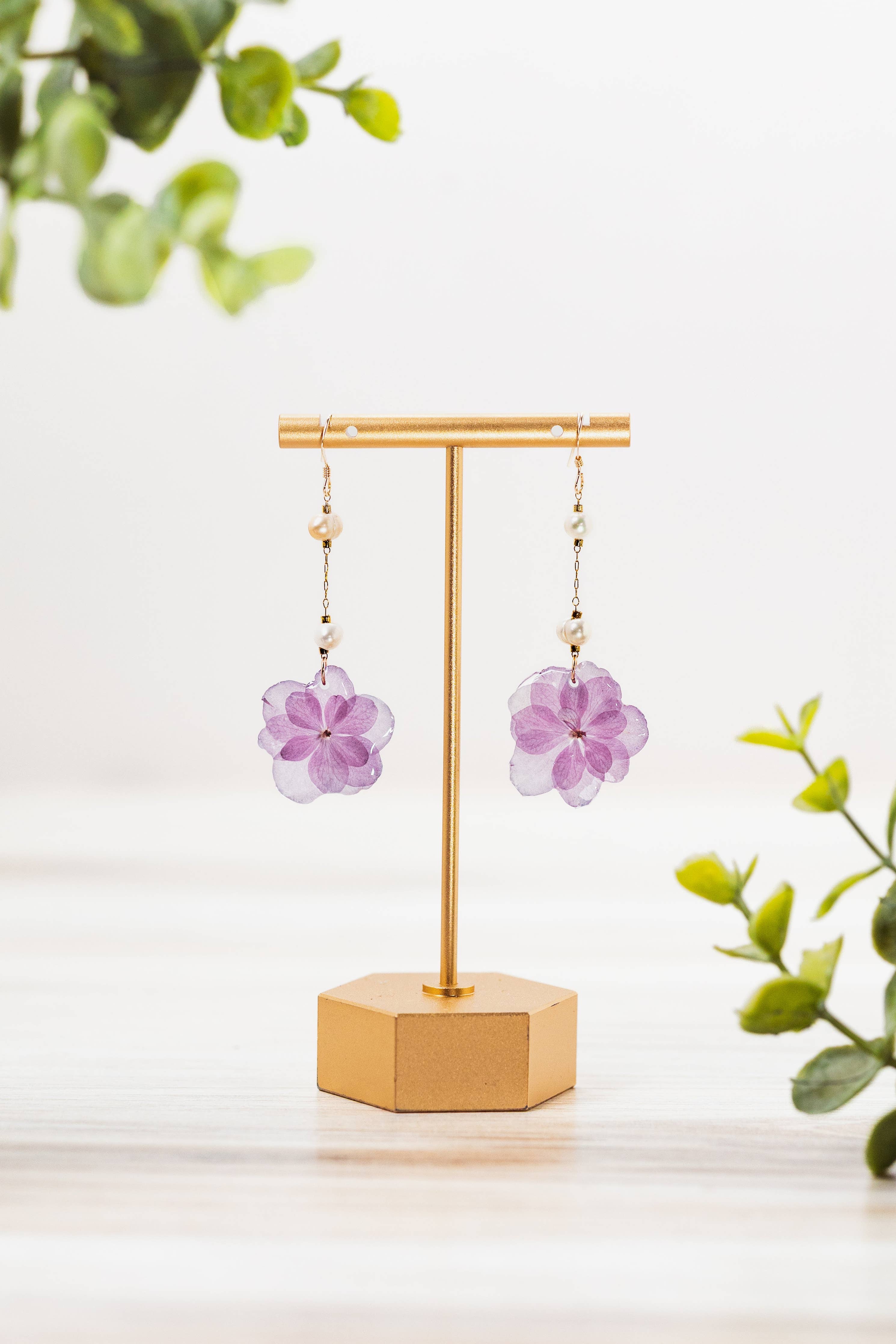 Pressed Hydrangea Earrings with Freshwater Pearls