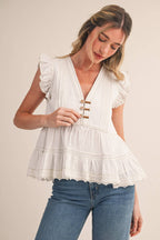 MIXED MEDIA CONTRAST STITCH LACE TRIM TOP
