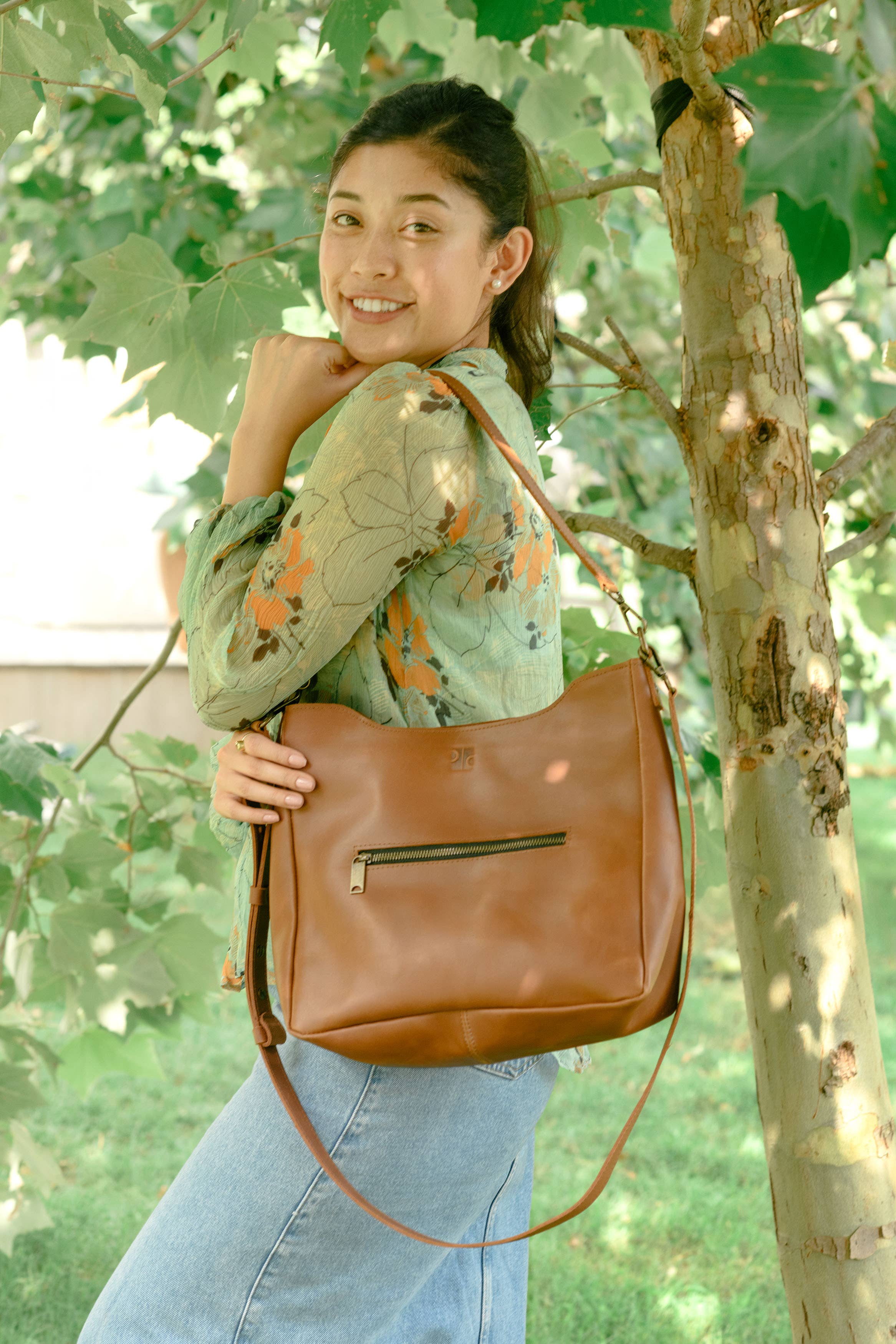 Midsized Brown Leather Crossbody + Shoulder Bag