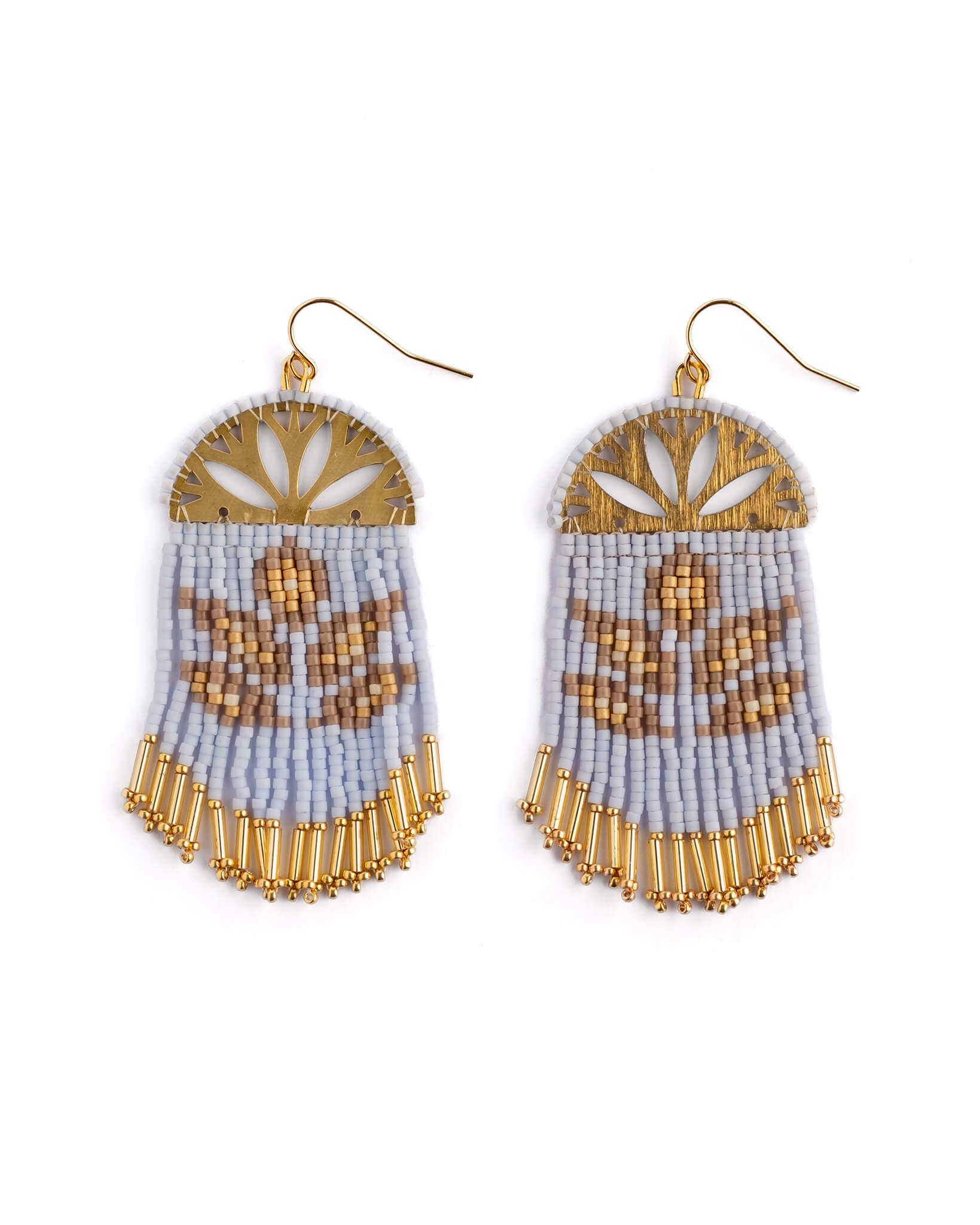 Beaded Handwoven Lotus Fringe Earrings (Green)