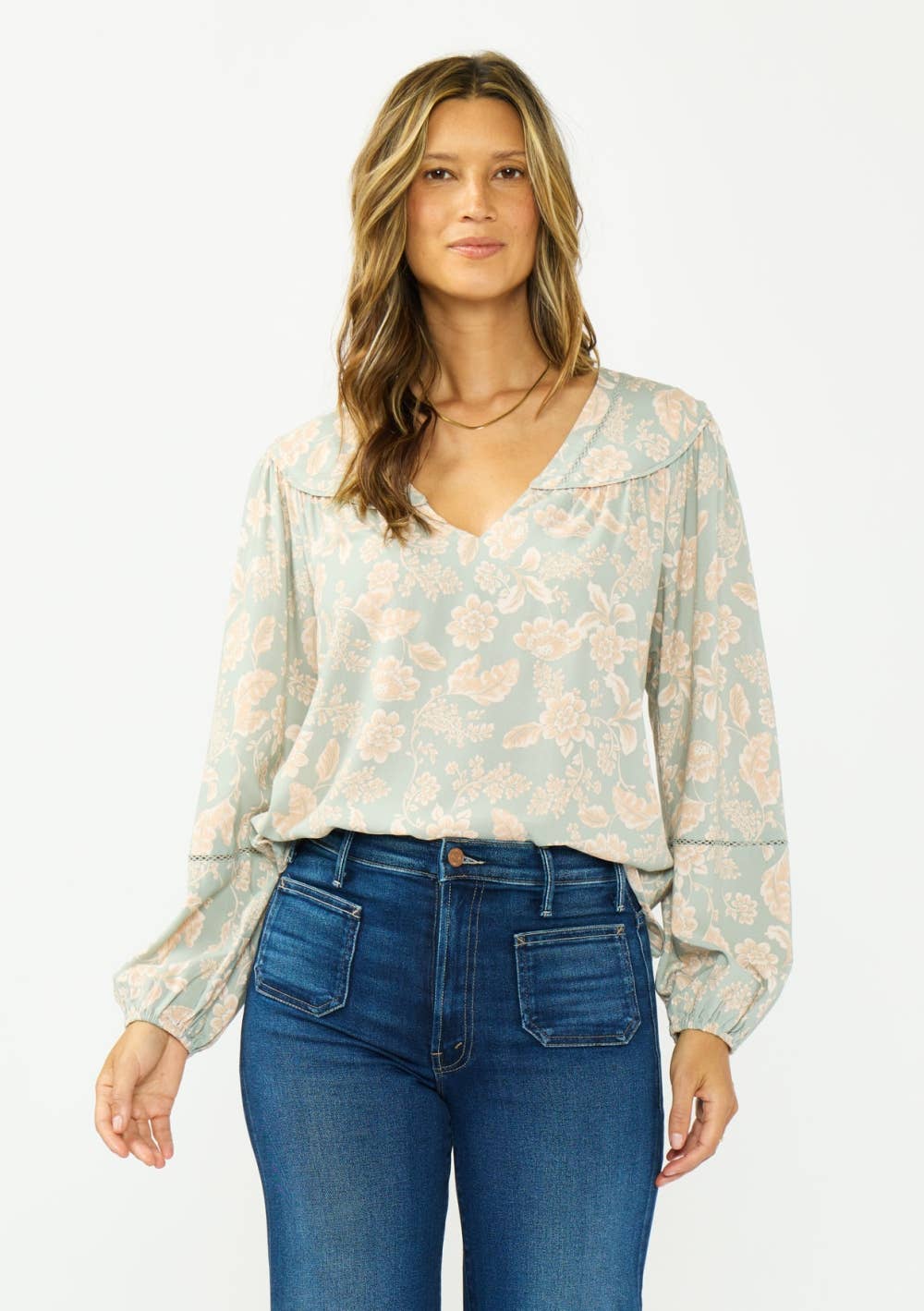 Lace-Trim V-Neck Floral Blouse