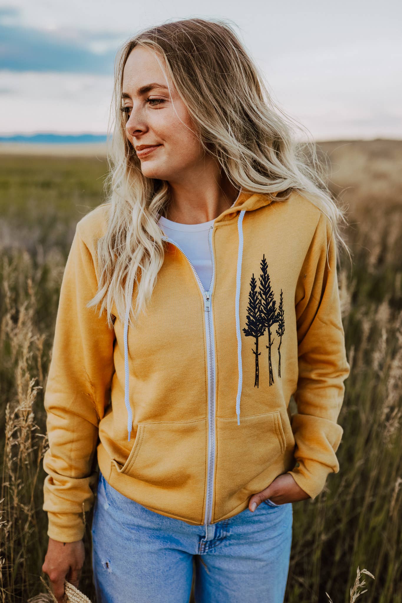 Rustic Three Tree Zip Hoodie- Mustard