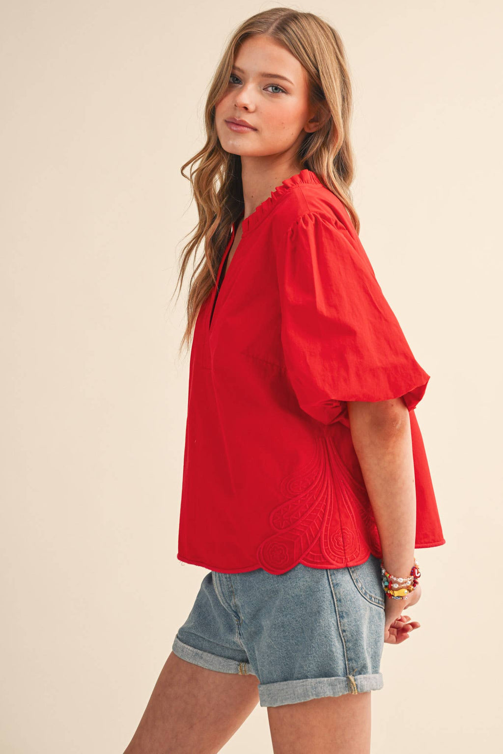 Bubble Sleeve Top With Side Embroidery