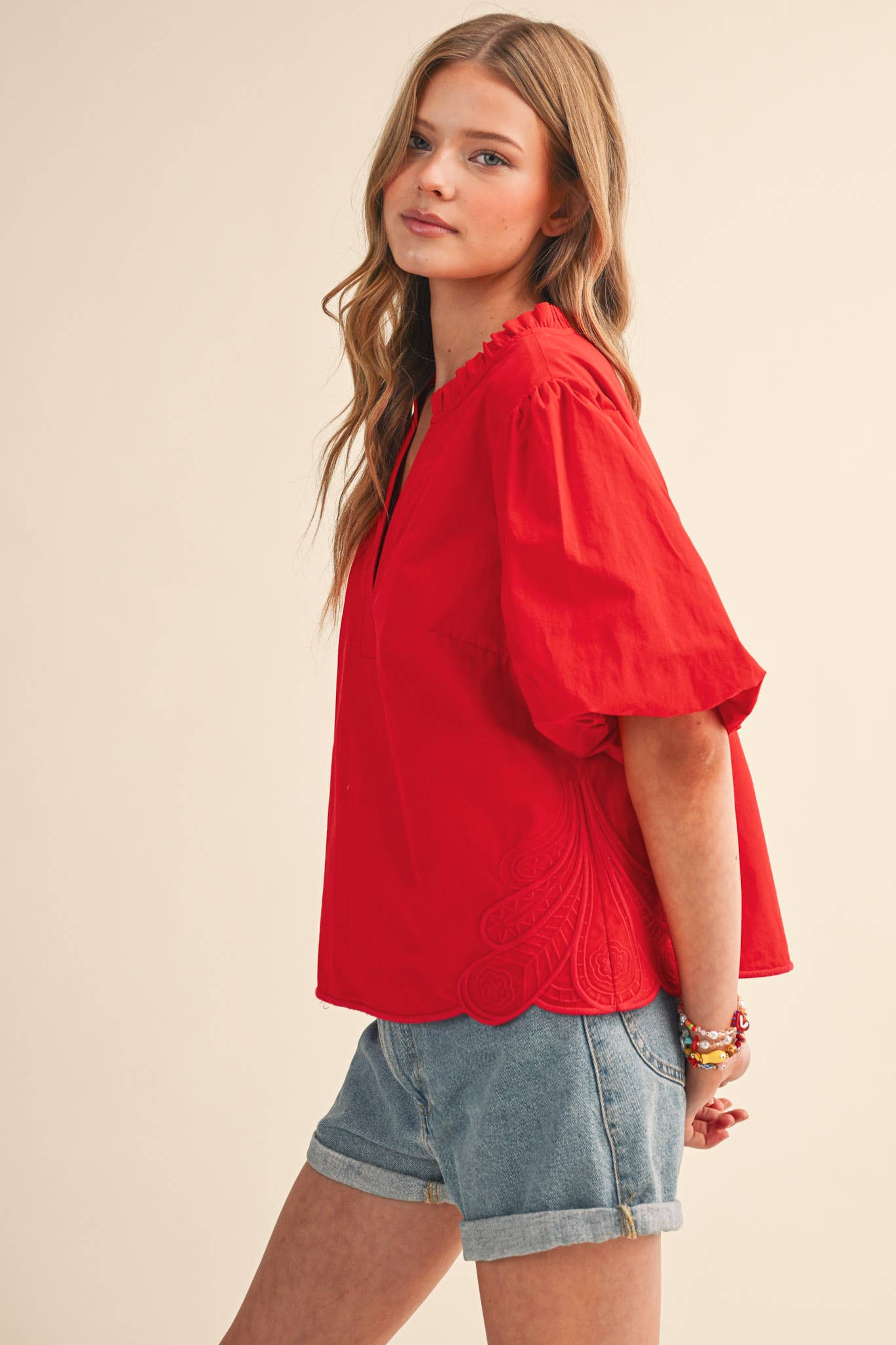 Bubble Sleeve Top With Side Embroidery