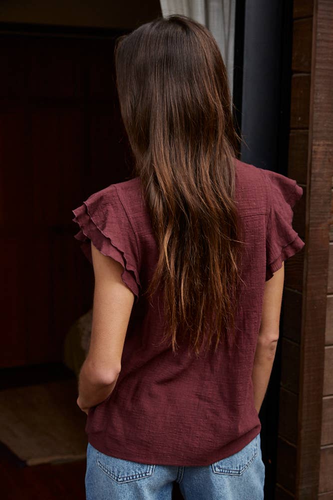 Woven Button V-Neck Short Sleeve Top