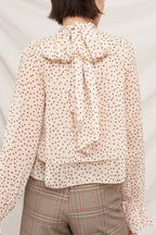 Polka Dot Ribbon Back Ruffle Blouse