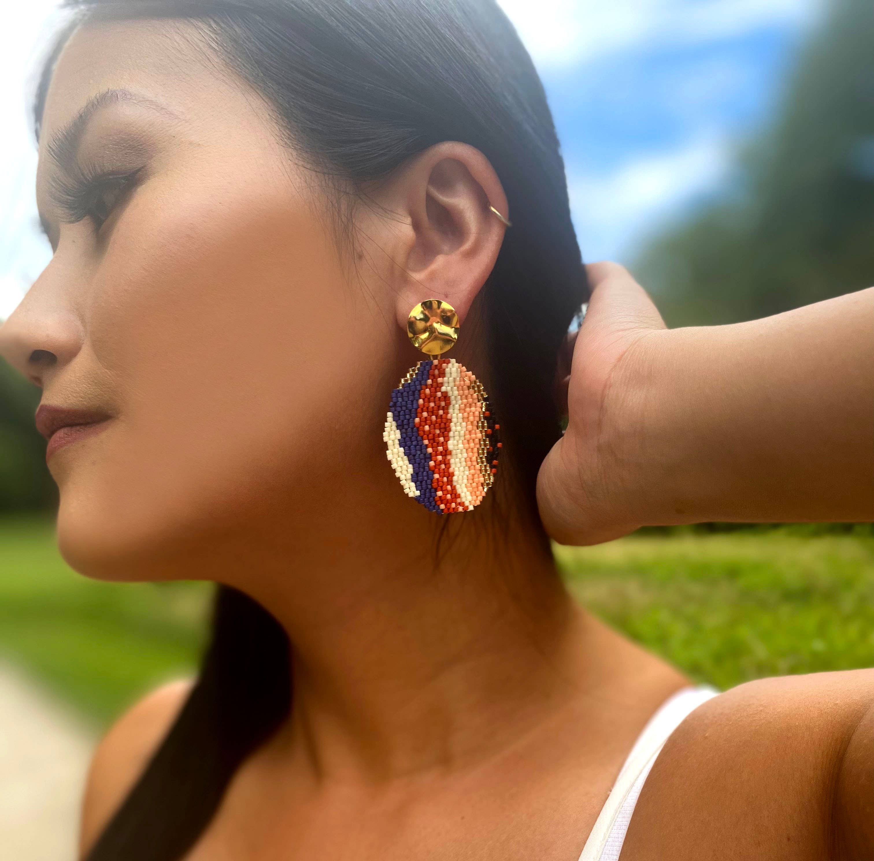 Beaded Handwoven Organic Oval Drop Earrings (Blue)
